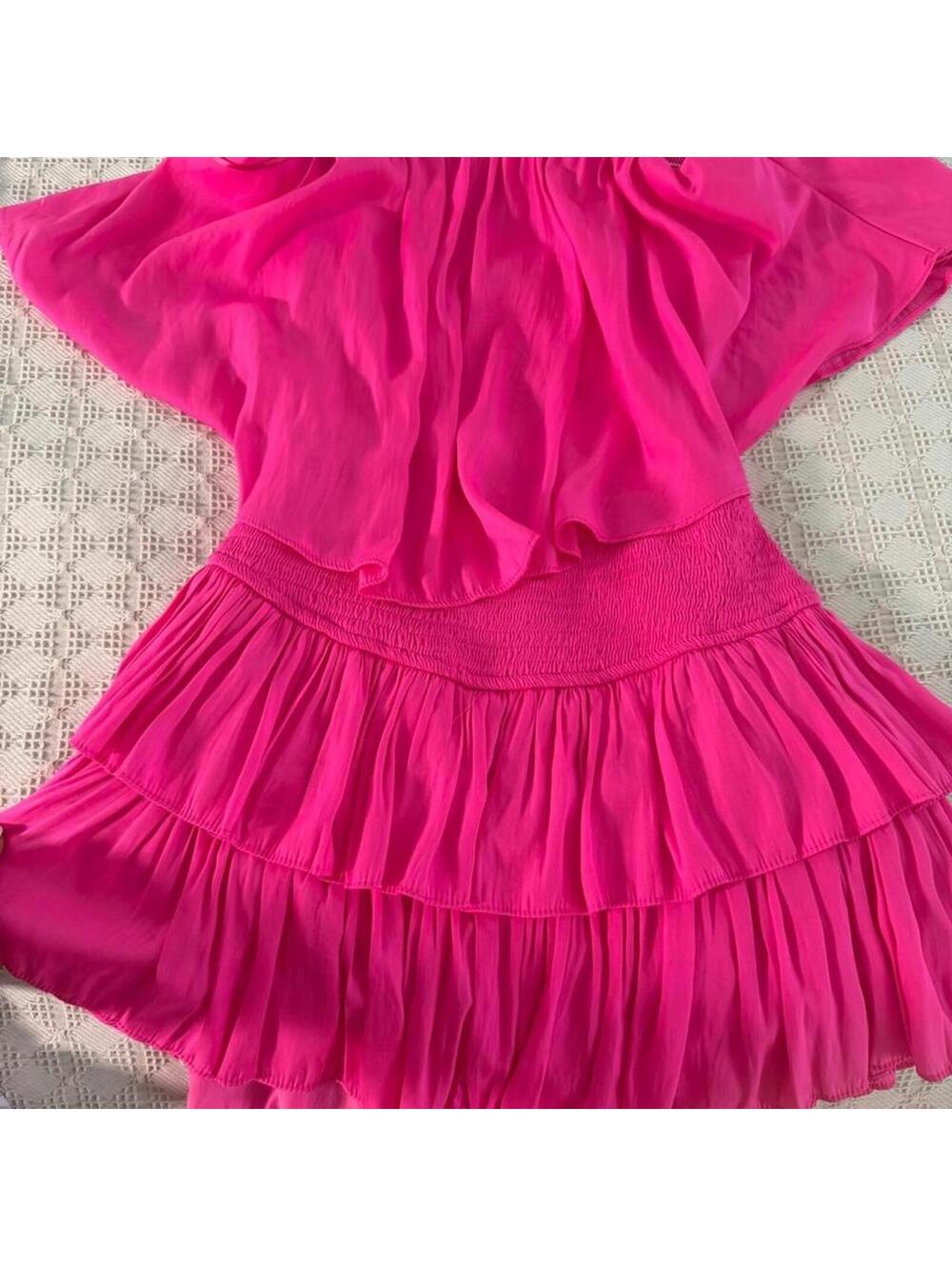Hot Pink Strapless Ruffle Mini Dress | Barbiecore Summer Dress - Picture 6 of 7